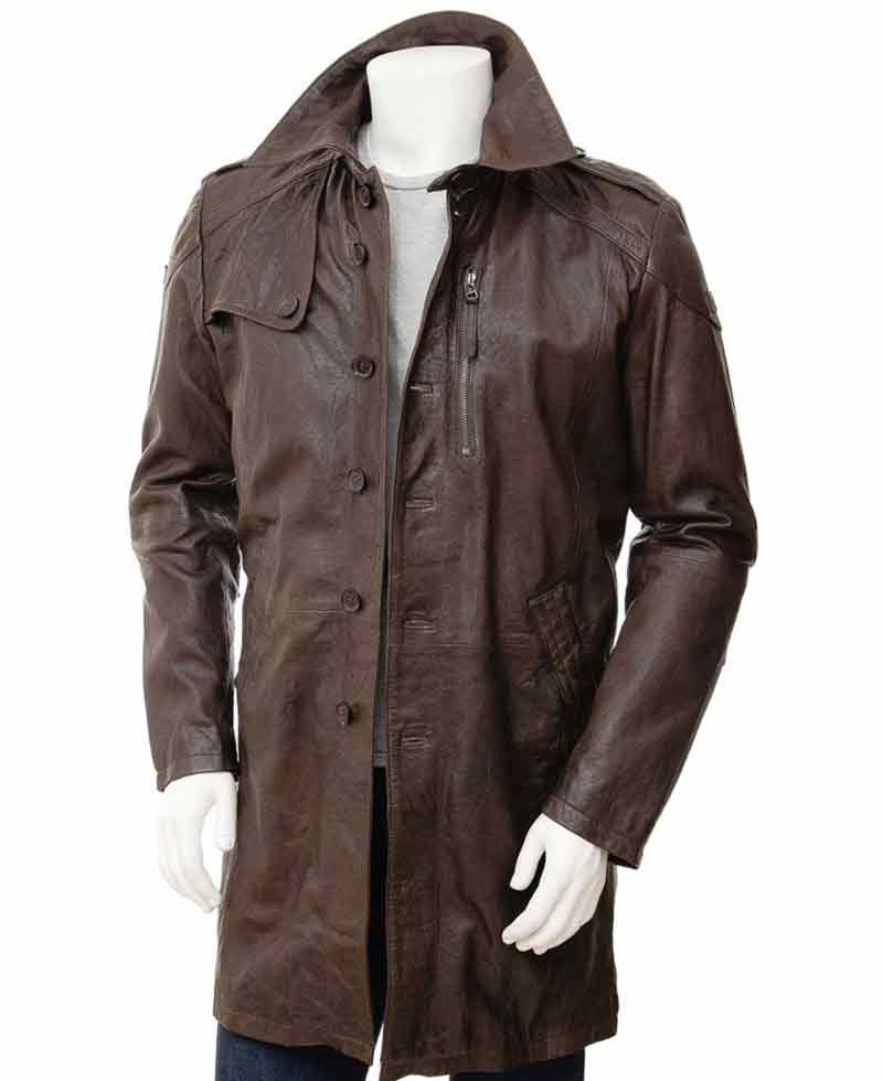Men's Single Breasted Brown Waxed Leather Coat